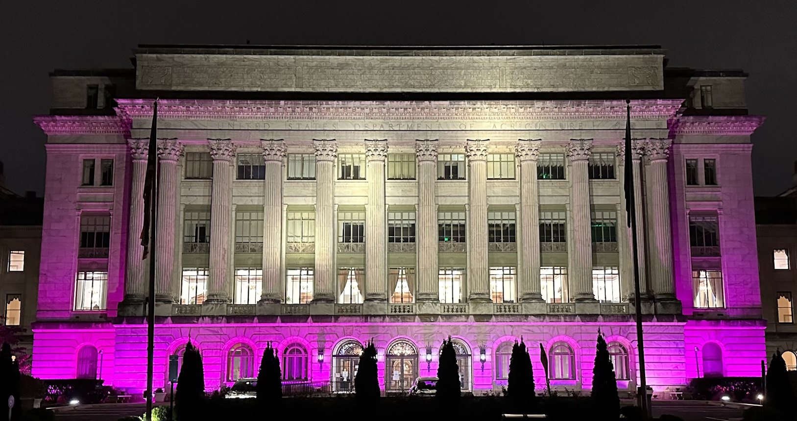 Large building showing outdoor pink lighting lit up at night