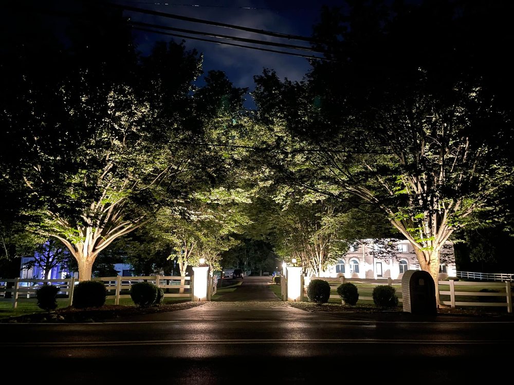 Distant front gate view of illuminated estate at night